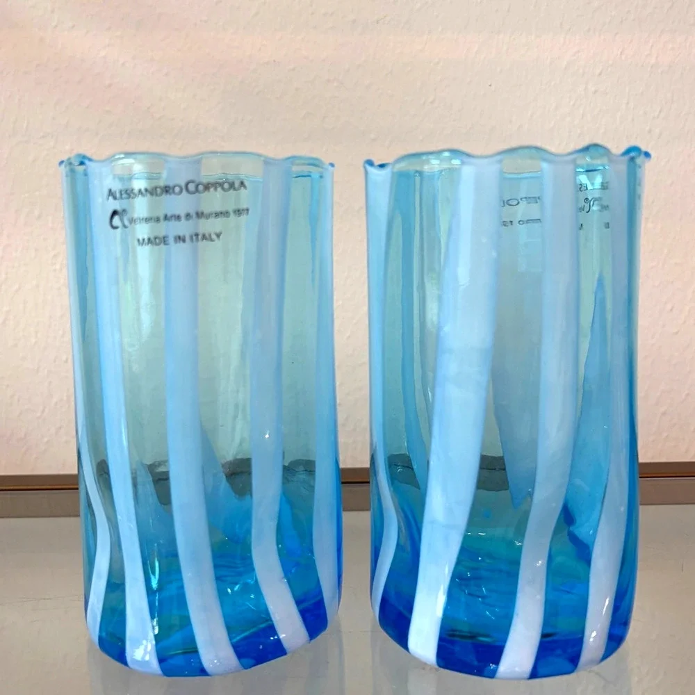 Alessandro Coppola Murano Italy Blue & White Art Glass Tumblers Set of 2 NEW